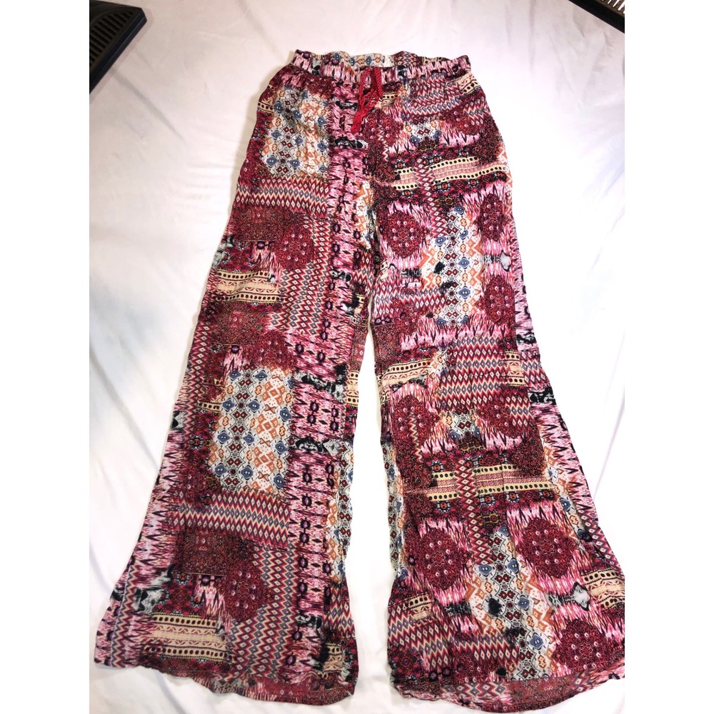 Japna Boho Patchwork Wide Leg Palazzo Pants Red Pink Geometric Rayon Small